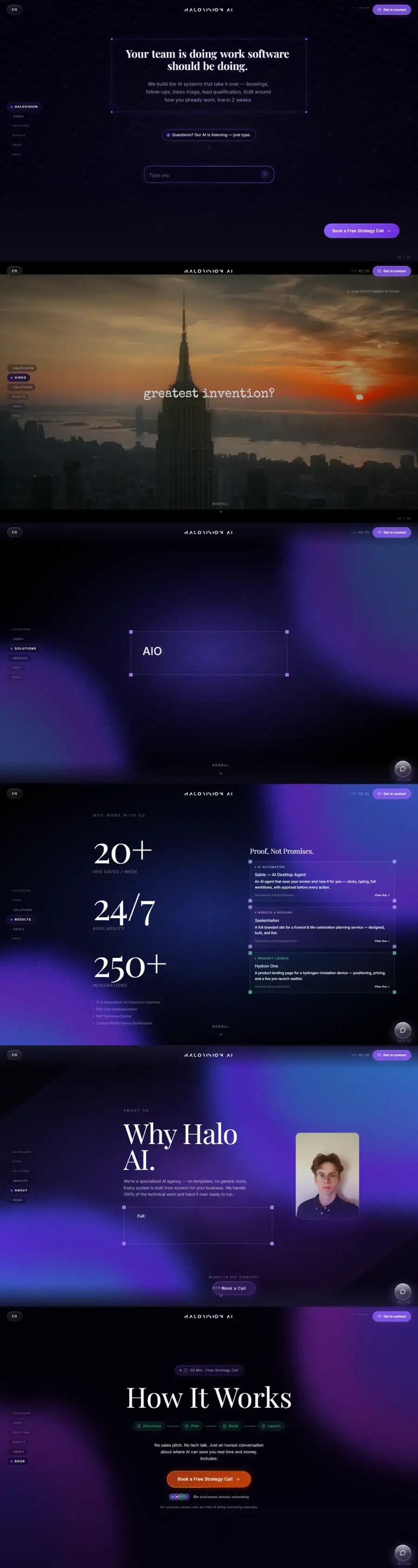 HaloVision AI: dunkle Startseite mit grosser Überschrift und Eingabefeld, mehrere Bildschirme untereinander.