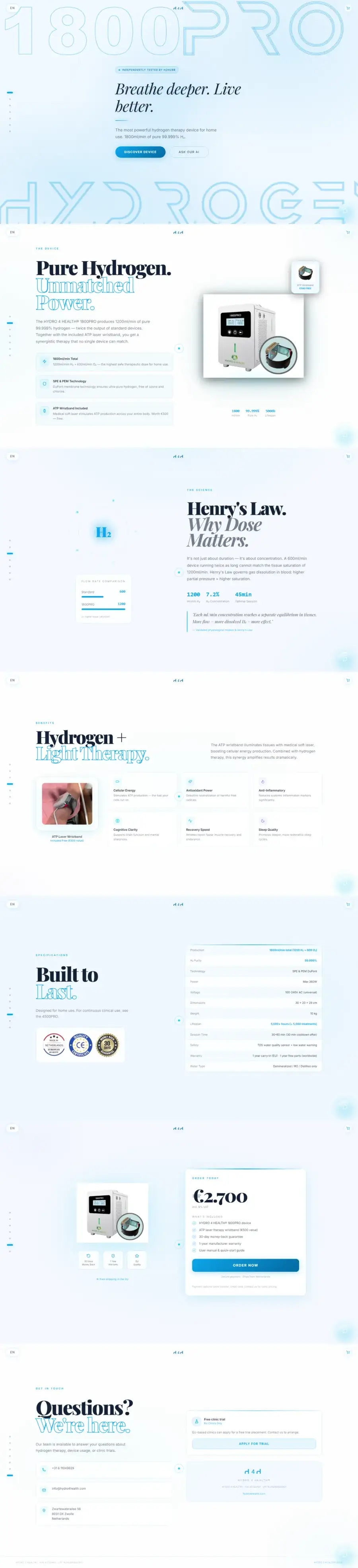 Hydro4Health: Produktseite mit grossflächiger Typografie und hellblauem Verlauf, mehrere Bildschirme untereinander.