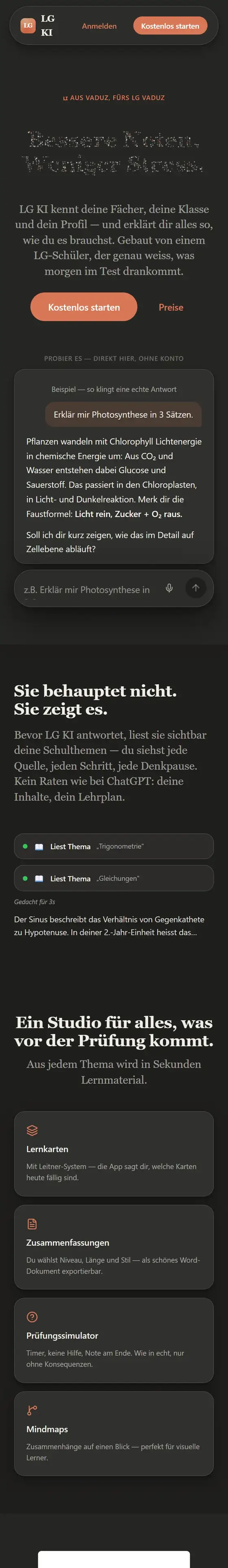 LG KI: dunkle Startseite eines Lernassistenten für das Gymnasium Vaduz.