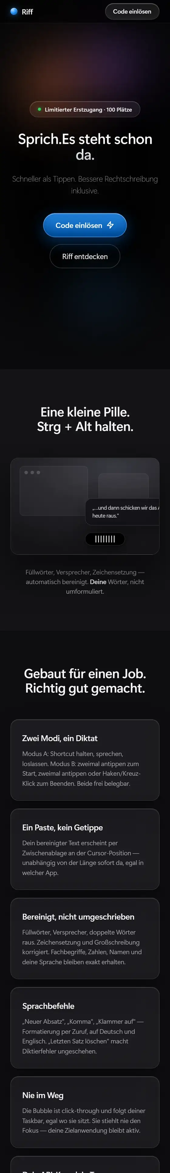 Riff: dunkle Produktseite für eine Diktier-App mit grosser Überschrift.