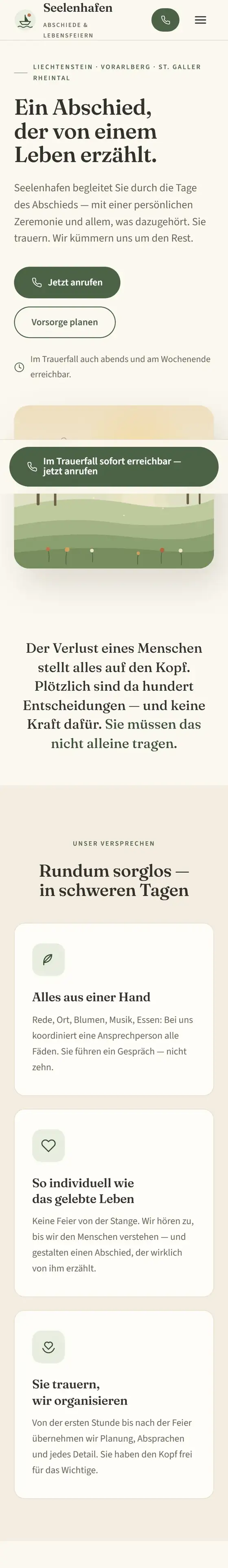 Seelenhafen: warm gestaltete Seite eines Bestattungsdienstes mit Telefonnummer im Kopfbereich.